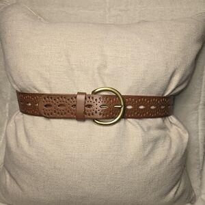 LUCKY BRAND BEACHWOOD CUTOUT BROWN LEATHER BELT BRASS BOHO WOMENS SMALL EUC